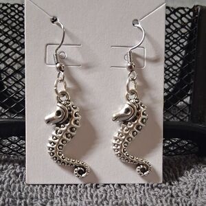 Large Silver Seahorse Dangle Earrings